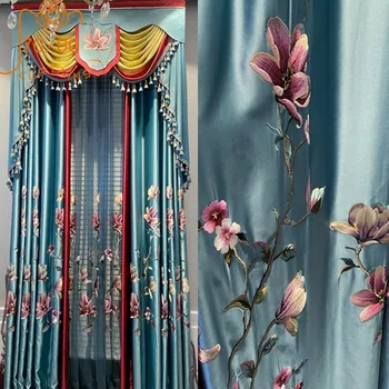 Kinų Stiliaus Peacock Blue Išsiuvinėti Langą Ekranas Blizgantis Užuolaidas Kambarį Miegamųjų Vila prancūzijos Langą Pritaikyti