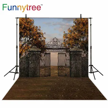 Funnytree fone fotostudija rudenį nevaisinga peržiūrėti senojo geležies vartai plytų tvora, medžių fotografijos foną, photocall prop