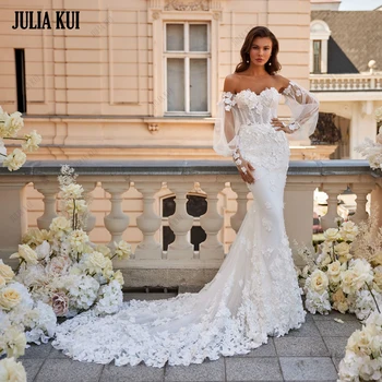 Julija Kui Grožio 3D Gėlės Su Siuvinėjimo Nėrinių Undinė Vestuvių Suknelės, Brangioji 2 In 1 Elegantiška Moteris Trimitas Vestuvinės Suknelės