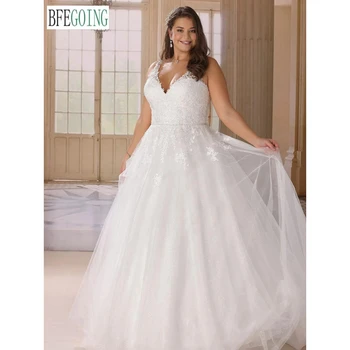 Plus Size White Lace A-Line Wedding Dresses Koplyčia Traukinys Užsakymą Grindų Ilgis, V-Kaklo Tiulio Rankovių Vestuvinės Suknelės