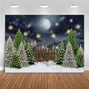 7X5FT Žiemos Naktį Mėnulis Snieguotas Srityje Kalėdos Kalėdos Pušų Namai Pasirinktinius Nuotraukų Fonas Fonas Vinilo 220cm X 150cm