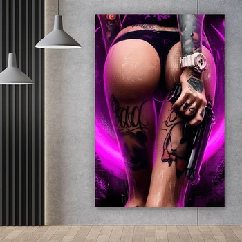 Sexy Mergina su Gun Grafiti Meno Drobė Plakatai ir Spausdina Gatvės Meno Paveikslų Spausdinimas ant Drobės Nuotraukų Kambarį Cuadros