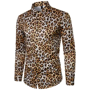 Vyrai Leopardas Spausdinti ilgomis Rankovėmis Marškinėliai Mados Atvartas Mygtuką Viršūnes Kasdien vyriški Drabužiai Vienu Krūtinėmis Marškinėliai