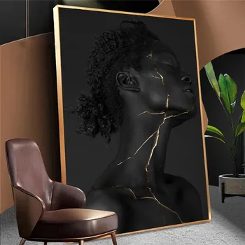 Moderni Juoda Aukso Makiažas Afrikos Moteris, Modelį, Plakatų Ir Grafikos Paveikslai Tapyba Ant Skandinavijos Cuadros Sienos Menas Nuotraukas