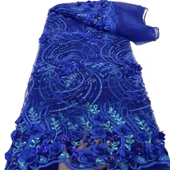 Mados prancūzijos Tiulio Nėrinių Audinio 5 Metrų Aukštos Kokybės Nigerijos Moterys Šalis Suknelė Blizgučiai 3D Siuvinėjimo Afrikos Karoliukai Nėrinių Audinys