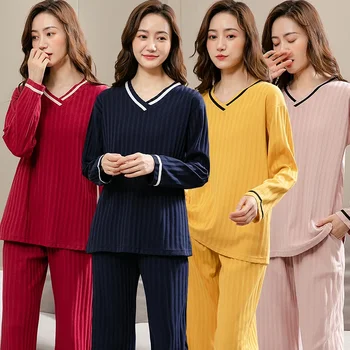 2024 m. Pavasario Plus Size Long Sleeve V-neck Cotton Pajama Komplektai Moterų korėjos Mielas Sleepwear Pyjama Homewear Namų Drabužių Komplektus
