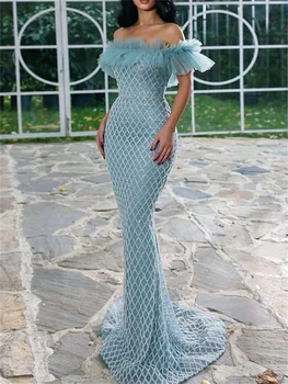 Mermaid / Trimitas Vakare Gown Seksuali Suknelė Oficialų Tinklelio Linijų Mop Grindų Su Mėlyna Princesė Plunksnų Plokščių Sandūrų 2023