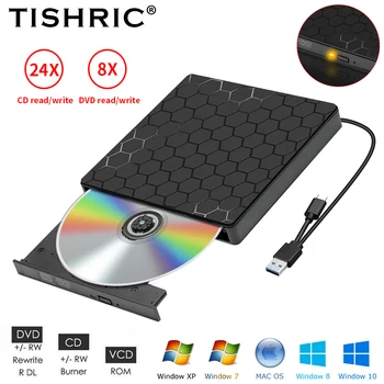 TISHRIC Išorinius CD, DVD Reader USB3.0 Tipas-C, CD Grotuvas, DVD įrašymo įrenginys Lector CD Recorder Optinių Diskų įrenginių, Skirtų PC Laptop Notebook