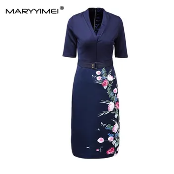 MARYYIMEI Mados Dizaineris Vasaros Moterų suknelė su V-kaklo, Trumpas rankovėmis Floral-Print Pieštuku Suknelės