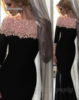 Elegantiška Juodo Aksomo Undinė Vakaro Suknelės Ilgomis Rankovėmis Oficialią Suknelės, Šampano, Aukso Nėrinių Rudenį 2023 Moterų Prom Dress