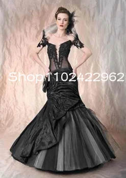 Juoda Goth Undinė nuo Pečių Vestuvių Suknelė Vintage šurmulio steampunk korsetas nėrinių Halloween apranga nuotakos suknelė