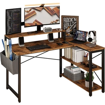 L-formos stalas su įkrovimo stoties ir sandėliavimo lentynos Kampe kompiuterio stalas su monitoriaus stovas Nemokamas pristatymas, Biuro baldai
