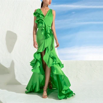 UZN Elegantiškos Žalios Undinė Prom Dresses V-Kaklo Dirželiai Satino vakarinę Suknelę Pynimas Asimetrinė Moterys Šalis Chalatai Pasirinktinis Dydis