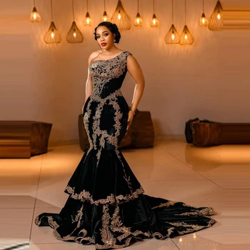 Elegantiškas Vieno Peties Undinė Promenadzie Suknelė su Nėrinių Appliques Aksomo, Vakaro Suknelės arabų Dubajus Oficialią Šalies Suknelės Užtrauktukas atgal