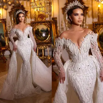Mados Blizgučiais Nėrinių Undinė Vestuvių Suknelė Nuo Peties Crystal V Kaklo Arabų Trimitas Vestuvinės Suknelės Chalatas De Soirée