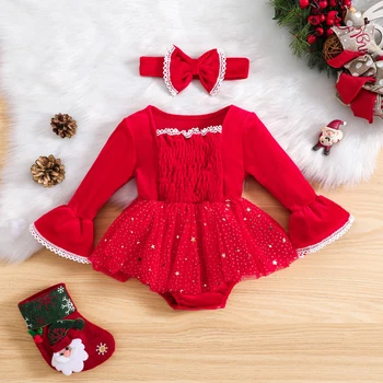 Kūdikiams, Kūdikių Mergaitės Romper Kalėdų Komplektus ilgomis Rankovėmis Nėrinių Apdaila Romper Tiulio Suknelė + Lankelis 2vnt Nustatyti Kalėdos Raudona Drabužiai