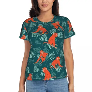 Monkey Forest Marškinėliai žali Lapai Spausdinti Kawaii Y2K T-Shirts O Kaklo Paplūdimys Paprastas Marškinėlius 2024 Moterų trumpomis Rankovėmis Užsakymą Drabužių