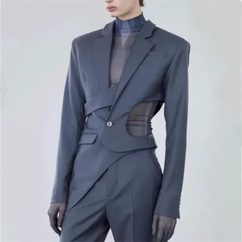 2023 Pavasarį ir rudenį naujas vyrų asimetriškas kombinezonas plonas hollow-out kostiumas ilgomis rankovėmis ir tūpimo tako kailis laisvalaikio drabužiai banga prekės kailis