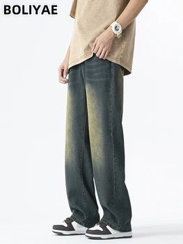Boliyae Baggy Jeans vyriški Y2k Derliaus Streetwear Pločio Kojų Džinsinio audinio Kelnės Vyrų Hip-Hop Plauti Prarasti Tiesios Kelnės 2024 M. Pavasaris