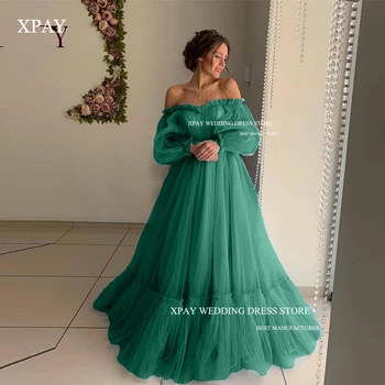 XPAY Seksualus nuo Peties Royal Green Prom Dresses Sluoksniuotos ilgomis Rankovėmis Tiulio Skirtingos arabų Vestuvių Suknelės Nėriniai Atgal Plius Dydis