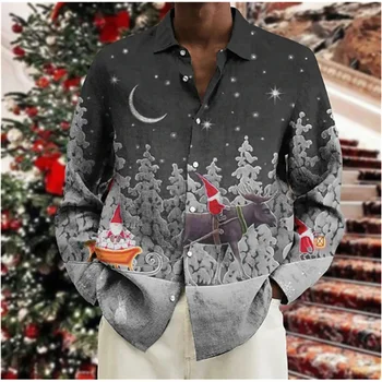 2023 Kalėdų Dovana Nauja, vyriški ilgomis Rankovėmis Sniego Spausdinti Polo Apykaklės Marškinėliai Atsitiktinis Atostogų Šalis Suknelė Plius Dydžio vyriški Marškiniai: S-6XL
