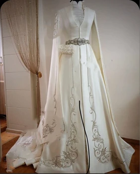 Kaukazo Caftan Vestuvių Suknelės Sidabro Siuvinėjimas Žaliojo ilgomis Rankovėmis, Aukšta Apykakle Balti Satino Oficialų musulmonų Vestuvinės Suknelės