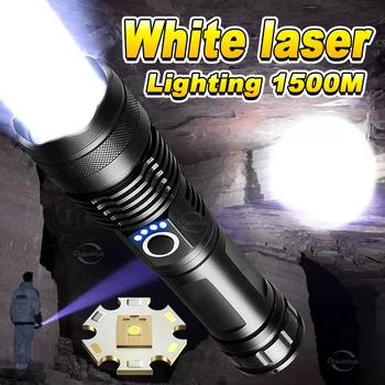 Baltos spalvos Lazerio Super Šviesus Ilgo Nuotolio Fakelas High Power Led Žibintuvėlis USB Įkrovimo Teleskopinis Zoom Itin Galingas Žibintuvėlis
