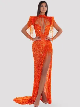 2023 Elegantiškas Moteris, Prabanga, Seksualios Trumpos Rankovės Akių Blizgančiais Orange Maxi Ilga Suknelė Šalies Vakarą Etapo Rezultatus Suknelė Vestido
