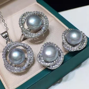 Spalvingas AAAA 8-9mm pietų jūros Pilka stud perlų pakabukas auskarai žiedas nustatyti 925s...