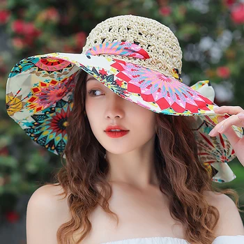 Platus kraštų populiarus mados dizaino gėlių paplūdimio skrybėlę, sulankstomas kraštų saulės skrybėlę moterų atsparus UV žvejys skrybėlę