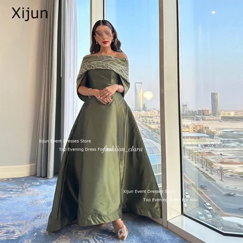 Xijun Green Satino Prabangių Vakarinių Suknelių Valtis Kaklo Karoliukai Prom Dresses Prom Chalatai Saudo Arabric Dubajus Prom Chalatai Ilgas Šalis Suknelė