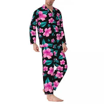 Tropinių Gėlių Pajama Nustatyti Havajų Gėlė Patogus Sleepwear Vyras Ilgomis Rankovėmis Atsitiktinis Palaidų Naktį Du Gabalas Namų Kostiumas Didelis Dydis