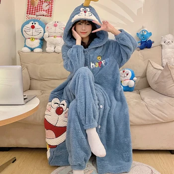 Mielas Doraemon Pliušinis Sleepwear Dingdang Katė Žiemos Laisvalaikio Komforto Sustorėjimas Koralų Aksomo Pižama Cardigan Namų Drabužiai