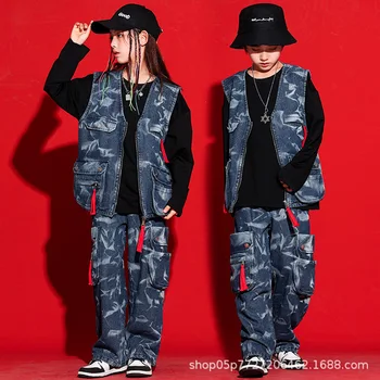 2023 Hip-Hop Šokio Kostiumai Vaikams Laisvi Džinsinio audinio Liemenė Nustatyti Berniukų Džiazo Šokio Streetwear Merginos Vykdymo Etapą Drabužius DQS14429