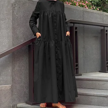 Moterų Musulmonų Cardigan Nuolatinis Apykaklės Ilgas Rankovėmis Suknelės Su Pockt vientisos Spalvos Skraiste, Elegantiškas, Prašmatnus Dubajus arabų Musulmonų Suknelė