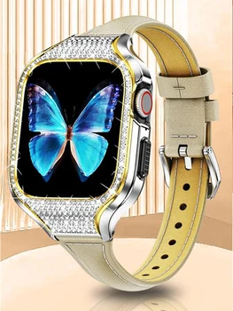 Bling Atveju+Odinis Dirželis Apple Žiūrėti Juosta 40mm 41mm Metalo, Nerūdijančio Plieno, padengti Deimantų+apyrankė iwatch serijos se 7 6 5 4 8