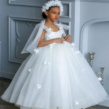 Elegancija, Gėlių Mergaitės Suknelė Baltas Purus Tiulio Nėrinių Rankovių Baby Girl Gimtadienio, Vestuvių Pirmoji Komunija Atostogų Suknelė