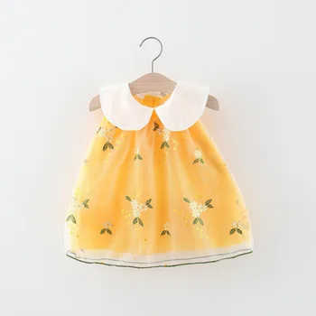 Vasaros Mergaitės Baby Girl Lėlės Kaklo Pilnas Gėlių Aplikacija Akių vientisos Spalvos Berankovė Princesė Suknelė