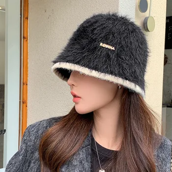 Japonijos Pliušinis Kibiro Kepurę Moterims vientisos Spalvos Universalus Šiltas Varpo formos Žvejo Kepurė Žiemos Temperamentas Dome Baseino Skrybėlės