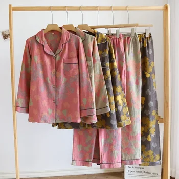 Pora Sleepwear Loungewear ilgomis rankovėmis Nustatyti Laisvas Namo Spausdinti Pižama Cardigan Drabužius Verpalai, dažyti Medvilnės Dviejų dalių