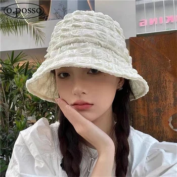 Korėjos Balta Žvejo Skrybėlę Moterų Round Top Kibiro Kepurę Vasaros Lauko UV Apsaugos nuo Saulės Skrybėlę Paplūdimio Skrybėlę Drabužių Priedai
