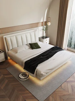 Šviesos prabangus odinis lova, miegamojo, high-end minkštų lova, moderni paprasta sustabdytas lovos rėmu, dvigulė lova
