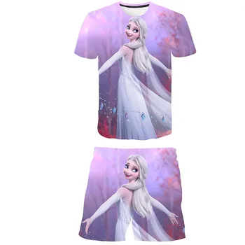 2023 Naujų Vaikų Disney Elsa Princesė T-Shirt Set Girls Cartoon Vasaros Mados Atsitiktinis Tees+Atsitiktinis Šortai Drabužių Rinkinys