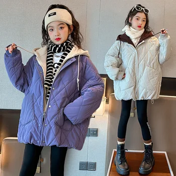 2023 Korėjos Žiemą Vaikus Mergina, Paltai Tirštėti Paauglys Mergaitę Striukė Su Gobtuvu Jaunimo Mergina Netikrą Dviejų Dalių Šiltas Medvilnės Striukė Viršūnės