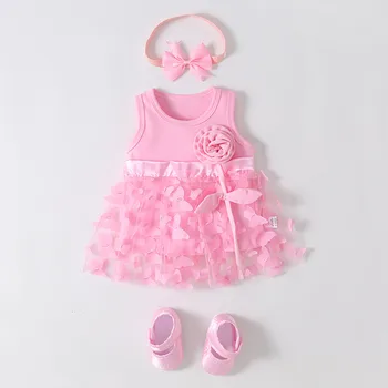 Vasaros Rankovių Princesė Dress Kūdikių Mergaičių vientisos Spalvos 3D Drugelis Gėlių Suknelė+Naujagimių Batai Kaspinai 3Pcs Drabužių Komplektus