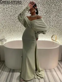 Avokado Green Crystal Duobute Dubajus-Line Vakarinę Suknelę Nuo Peties Ilgomis Rankovėmis Saudo Arabų Oficialią Šalies Suknelė