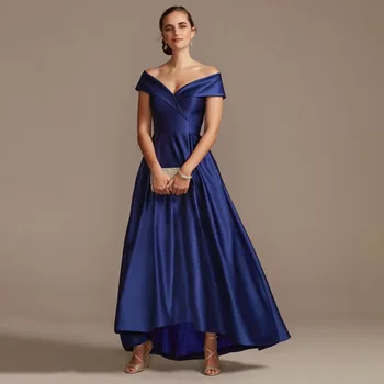 Elegantiškas Motina Oblubienicy Suknelė Vestuvėms Royal Mėlyna Satino Linija nuo Pečių Nesimetriškas Moterų Vestuvių Chalatai Svečias