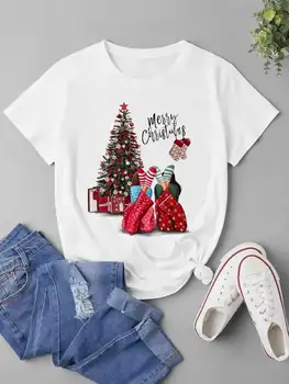 Mielas Animacinių filmų Stiliaus Mielas Drabužių Atostogų Viršuje Moterų Kalėdų Spausdinti Mados Naujųjų Metų Marškinėliai Grafinis T-shirt Ladies Drabužių Tee