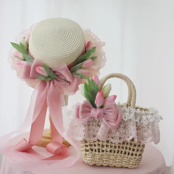Užsienio stiliaus nišą tulip gėlių šiaudų skrybėlę kelionės foto paplūdimio aliejaus tapybos stiliaus skrybėlę lolita audiniai krepšys