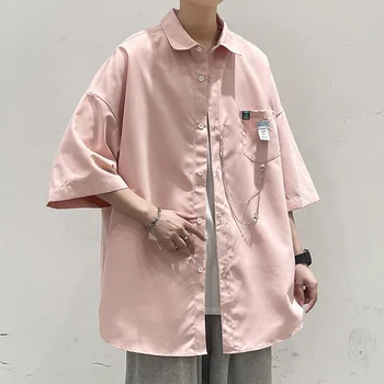 Negabaritinių korėjos Versija Vasaros VYRIŠKI trumparankoviai Marškinėliai Viršūnių Grandinės Pakabukas Harajuku Streetwear Vyrai